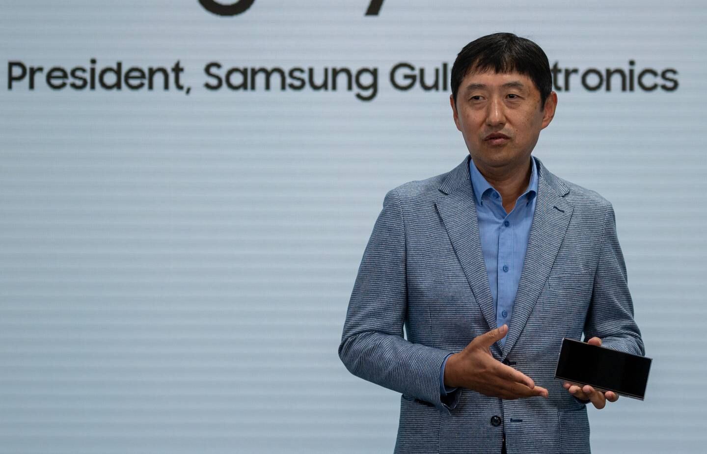 Seong Hyun Lee, president of Samsung Gulf Electronics, delivering a keynote during the UAE launch of the Samsung Galaxy S22 series at the company's offices in Dubai on Wednesday. Ryan Lim / The National