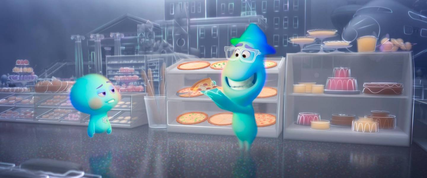 This image released by Disney-Pixar shows the character 22, voiced by Tina Fey, left, and Joe Gardner, voiced by  Jamie Foxx, in a scene from the animated film "Soul." (Disney Pixar via AP)