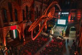 Guests celebrate UAE Union Day under the skeleton of Hope the blue whale at the Natural History Museum in London. Photo: Embassy of the United Arab Emirates in London