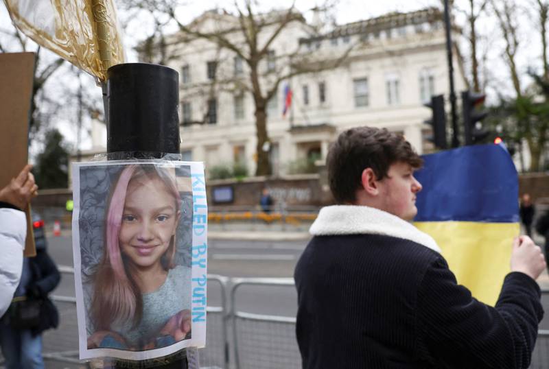 A person demonstrates outside the Russian embassy in London following Russia's invasion of Ukraine. Reuters