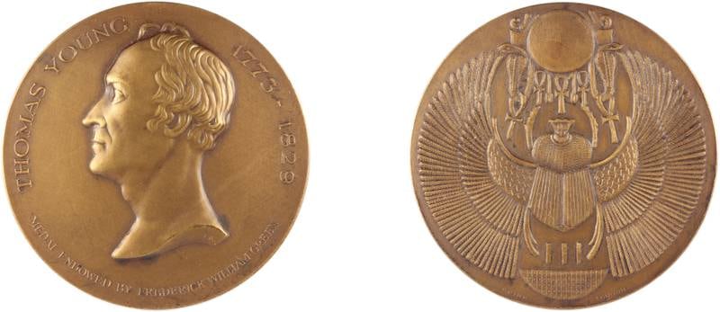 An image of Dr Thomas Young (1773-1829) on a copper medal. Young was instrumental in the decipherment of Egyptian hieroglyphs, specifically the Rosetta Stone. Photo: The Trustees of the British Museum