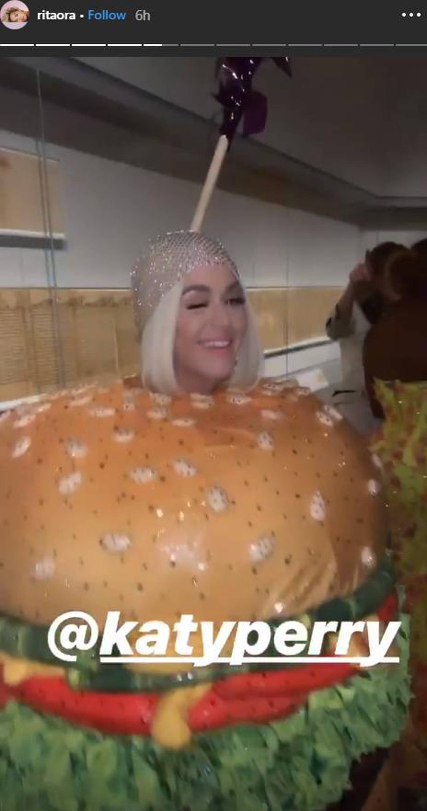 Katy Perry changed into a Moschino burger suit later in the night. Instagram / Rita Ora 