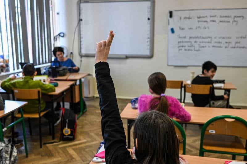 Children who fled the war in Ukraine take part in a primary school class together with Polish pupils on March 18, 2022 in Krakow, Poland. Getty