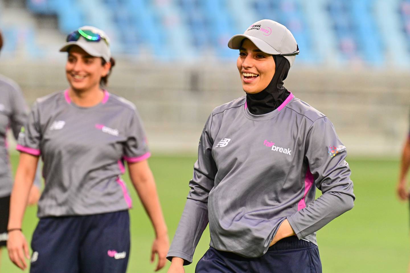 Maryam Omar trains with her South Coast Sapphires teammates for the FairBreak Invitational at the Dubai International Stadium. Photo: FairBreak Global