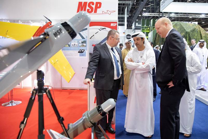 ABU DHABI, UNITED ARAB EMIRATES - February 16, 2019: HH Sheikh Hazza bin Zayed Al Nahyan, Vice Chairman of the Abu Dhabi Executive Council (C), tours the 2019 International Defence Exhibition and Conference (IDEX), at Abu Dhabi National Exhibition Centre (ADNEC).

( Mohamed Al Bloushi )
---