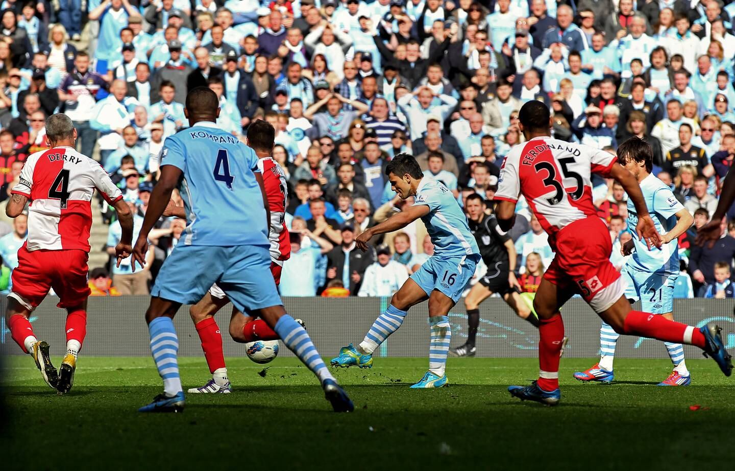 Sergio Aguero scores the famous title-winning goal for Manchester City against Queens Park Rangers in 2012. Getty