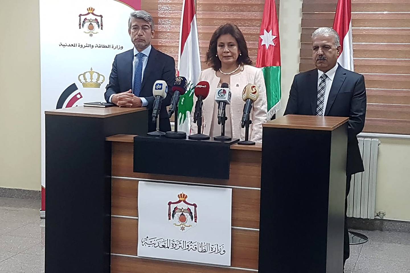 Lebanon's Minister of Energy and Water Walid Fayad, Jordan's Minister of Energy and Mineral Resources Hala Zawati, and Syria's Minister of Oil and Mineral Resources Bassam Tohme. AFP