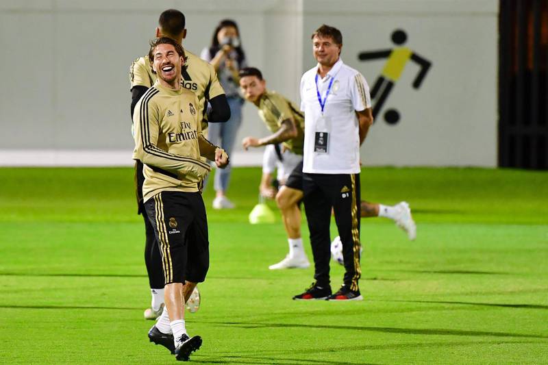 Real Madrid's Spanish defender Sergio Ramos laughs during a training session. AFP