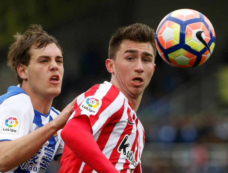 epa06484220 (FILE) - Athletic Bilbao's Aymeric Laporte (R) in action during a Spanish Division La Liga soccer match against Real Sociedad in San Sebastian, Spain, 12 March 2017 (issued 29 January 2018). According to reports Laporte allegedly paid his bayout clause of 65 million euros to play for Manchester City, which would correspond to the highest amount Athletics Club has ever received for one of its players.  EPA/Javier Etxezarreta