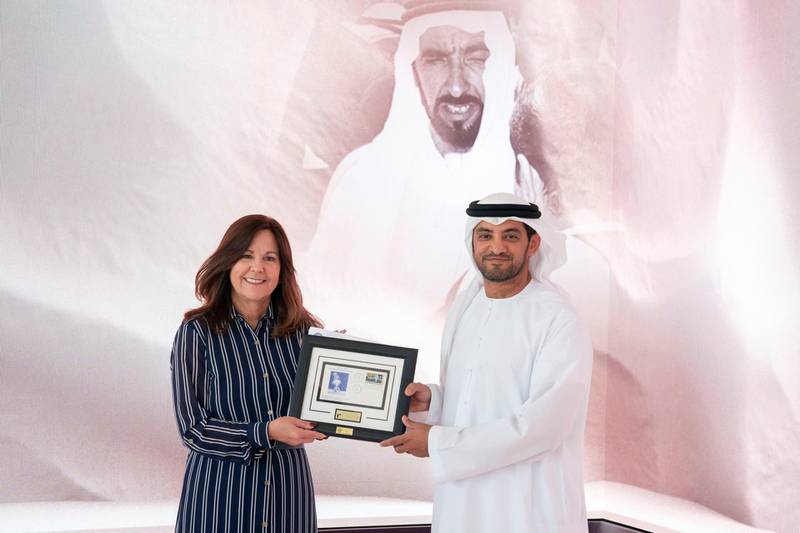 ABU DHABI, UNITED ARAB EMIRATES - March 13, 2019: HE Falah Mohamed Al Ahbabi, Chairman of the Department of Urban Planning and Municipalities, and Abu Dhabi Executive Council Member (R) and Karen Pence, Second Lady of the United States (L), exchange gifts during a reception for the Special Olympics World Games Abu Dhabi 2019, at the Founders Memorial.

( Mohammed Al Hammadi / Ministry of Presidential Affairs )?