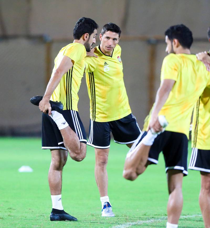 Sebastian Tagliabue, centre, takes part in a training session with the UAE national team in Dubai ahead of friendly matches against Tajikistan and Bahrain. All photos courtesy UAE FA