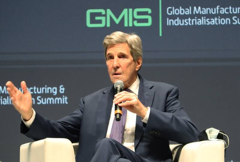John Kerry speaking at the Global Manufacturing and Industrialisation Summit in Dubai on Monday. Pawan Singh / The National