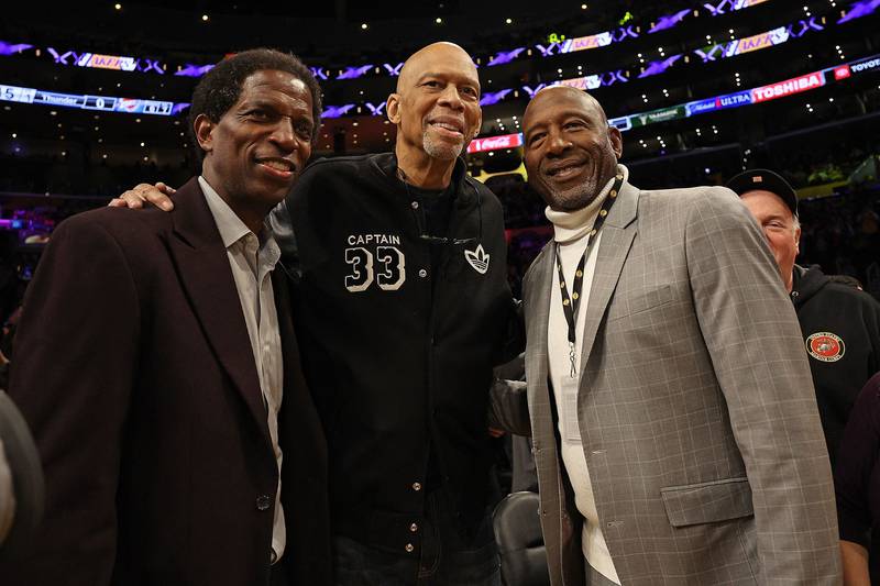 From left: former players AC Green, Kareem Abdul-Jabbar and James Worthy in California. AFP