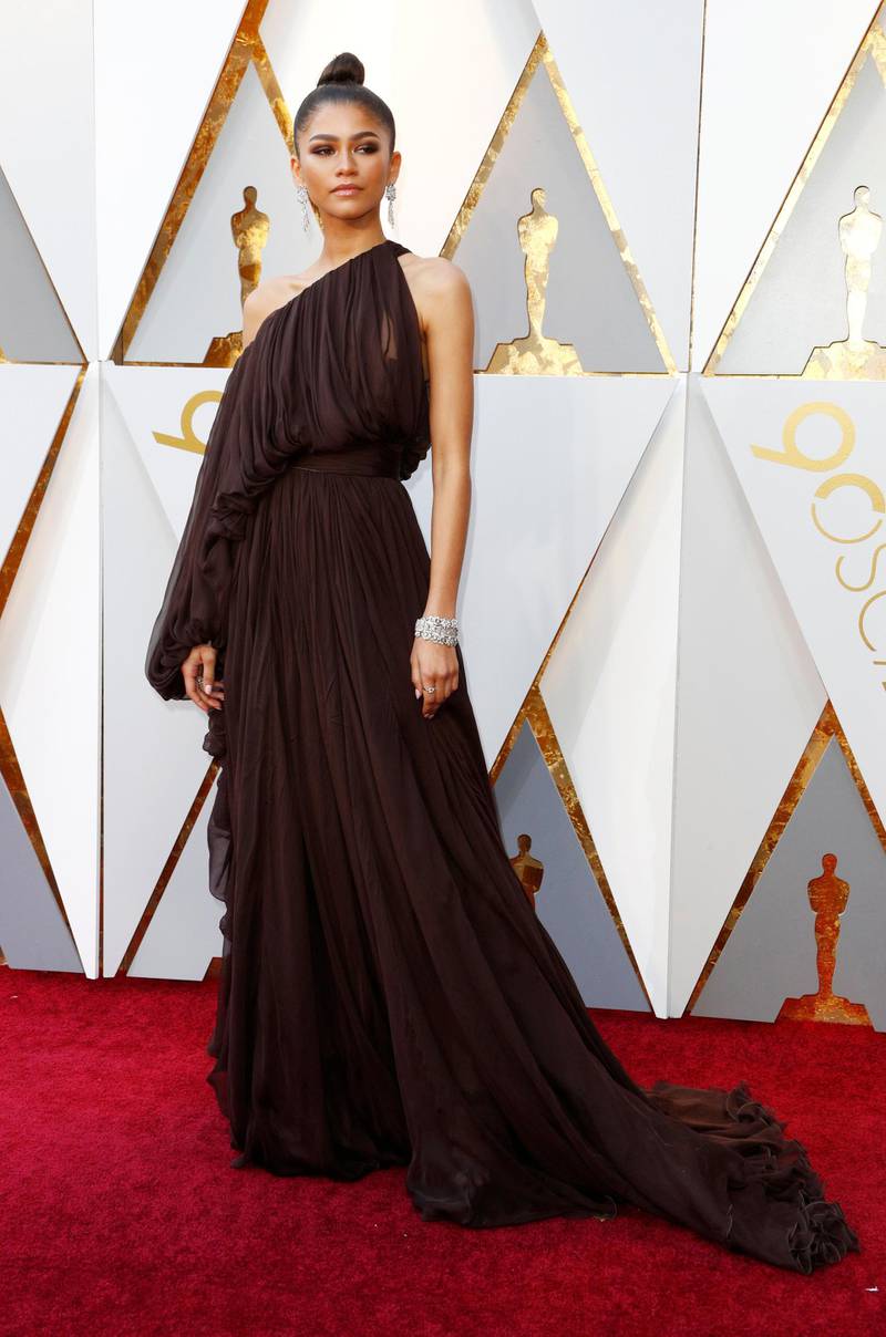 Zendaya arrives for the 90th annual Academy Awards wearing a one-shoulder Giambattista Valli Dress. EPA