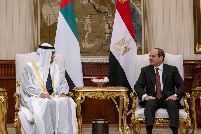 President Sheikh Mohamed speaks with Mr El Sisi as he begins his official visit
