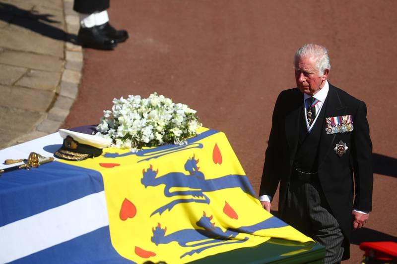 Prince Charles walks behind the Duke of Edinburgh’s coffin during the funeral of Prince Philip in 2021