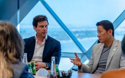 Toto Wolff, team principal of the Mercedes-AMG Petronas F1 team, left, and Peng Xiao, chief executive of G42, during a media roundtable in Abu Dhabi. Photo: G42