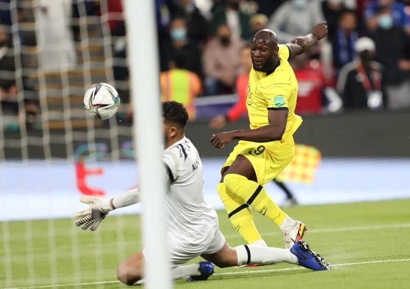 Al Hilal goalkeeper Abdullah Al Muaiouf saves from Chelsea striker Romelu Lukaku. EPA
