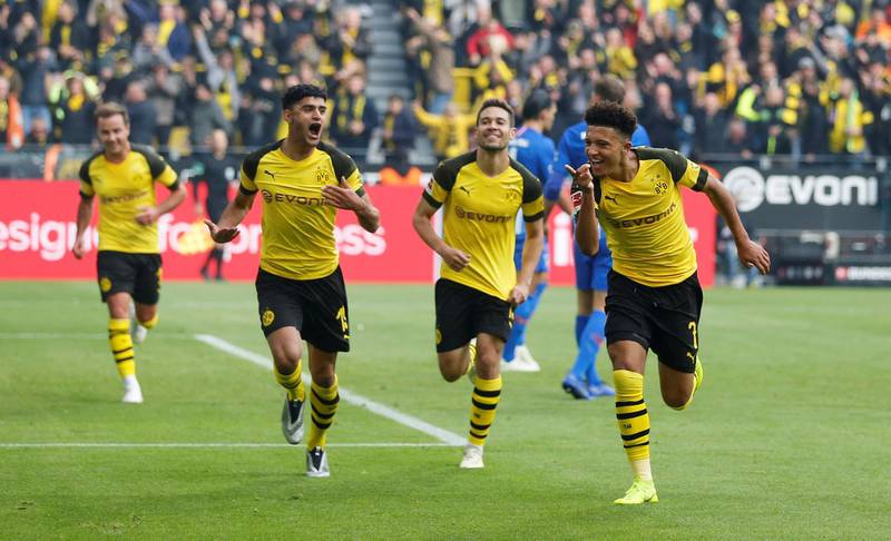 Soccer Football - Bundesliga - Borussia Dortmund v Hertha BSC - Signal Iduna Park, Dortmund, Germany - October 27, 2018  Borussia Dortmund's Jadon Sancho celebrates scoring their first goal with team mates that was later disallowed    REUTERS/Leon Kuegeler  DFL regulations prohibit any use of photographs as image sequences and/or quasi-video     TPX IMAGES OF THE DAY