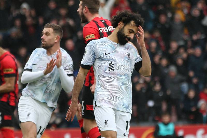 Liverpool striker Mohamed Salah reacts after missing his penalty in the defeat at Bournemouth. AFP