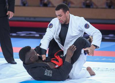 Abu Dhabi, April 25, 2019.  Abu Dhabi World Professional Jiu-Jitsu Championship 2019.  Faisal Al Ketbi of the U.A.E.(white) in his 85g kg. match against Brazil's Rudson Mateus.PHOTO:  Courtesy of UAEJJF.Section: NAReporter: