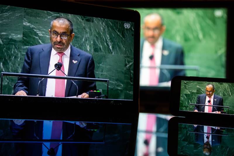 UAE Minister of State Khalifa Al Marar speaks during the UN General Assembly. Bloomberg