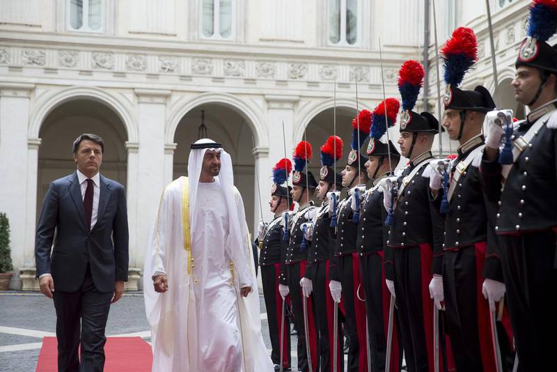 Sheikh Mohamed bin Zayed is received by Matteo Renzi, Prime Minister of Italy, at Palazzo Chigi on Thursday. Mohamed Al Hammadi / Crown Prince Court - Abu Dhabi