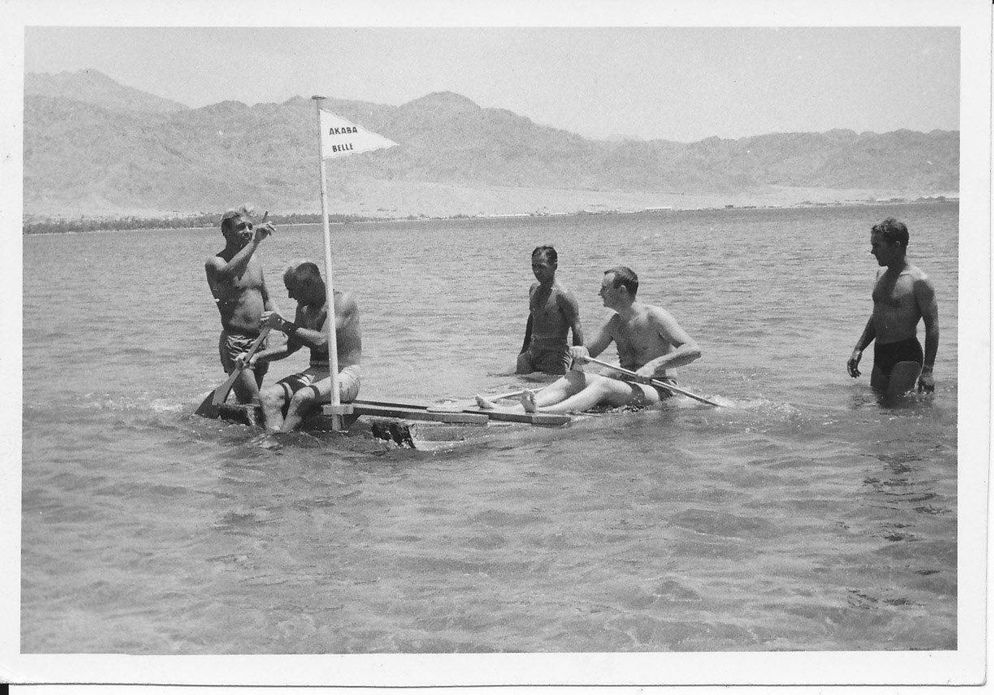 In this photo, the crew can be seen trying to test the sea-worthiness of a raft they created. Courtesy Penny Pietre