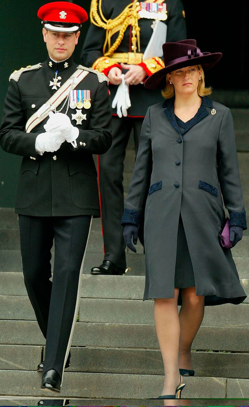 LONDON - OCTOBER 10:  Britain's Prince Edward (L) and Sophie, Countess of Wessex leave St Pauls Cathedral after the National Servce of Remembrance and Thanksgiving for members of the armed forces killed in the Iraq war October 10, 2003 in London, England. Members of the British Royal family and Prime Minister Tony Blair joined families of those who lost their lives in Iraq. (Photo by Scott Barber/Getty Images)  
