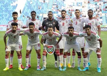 The starting eleven of UAE pose for photographs before the FIFA World Cup 2022 Qualifiers soccer match between the UAE and South Korea in Dubai, United Arab Emirates, 29 March 2022.   EPA / ALI HAIDER