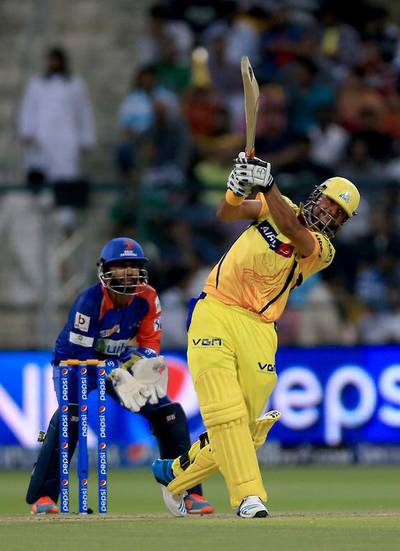 Suresh Raina hits out during his superb innings for Chennai Super Kings against Delhi Daredevils in Abu Dhabi on Monday night. Ravindranath K / The National
