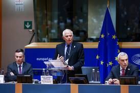 Josep Borrell, centre, the EU’s top diplomat, speaks during the first Shuman Security and Defence Forum at the European Parliament in Brussels on Tuesday. EPA