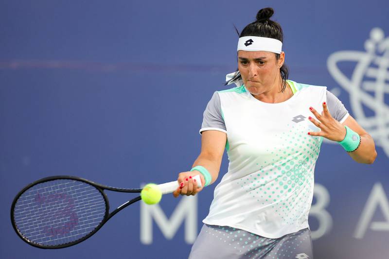 Ons Jabeur returns a shot against Madison Keys during their Mubadala Silicon Valley Classic second round match at Spartan Tennis Complex on August 3, 2022 in San Jose, California. Getty
