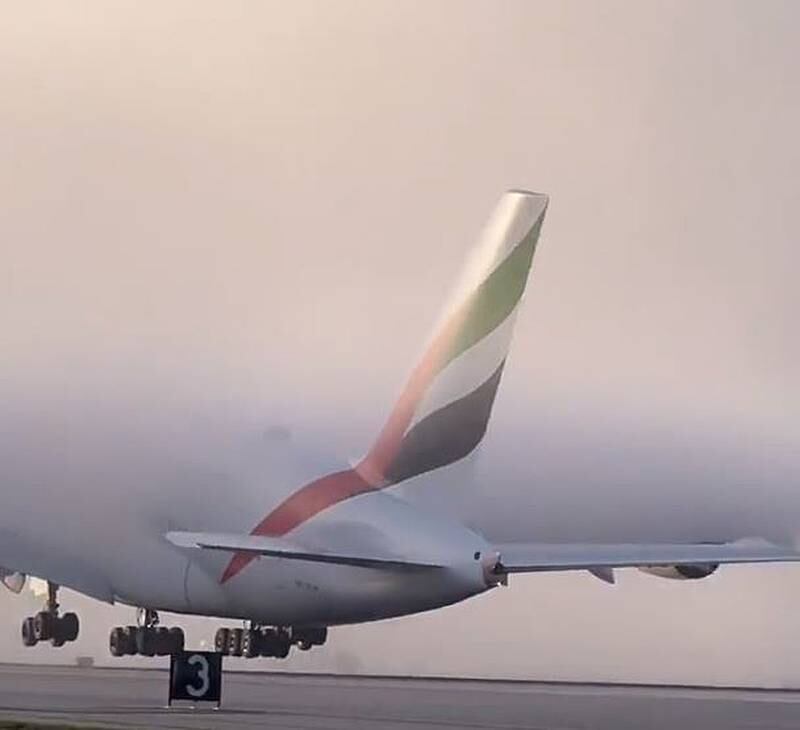 An Emirates Airbus A380 takes off in heavy fog at LAX airport in Los Angeles. Photo: AeronewsGlobal