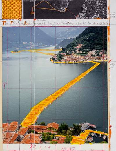 Christo — The Floating Piers. A 28 x 21.5cm collage using pencil, wax crayon, enamel paint, photograph by Wolfgang Volz, aerial photograph and fabric sample. Photo: André Grossmann