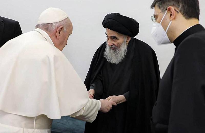 Grand Ayatollah Ali al-Sistani meeting with Pope Francis and his delegation, at his home in the holy city of Najaf. AFP