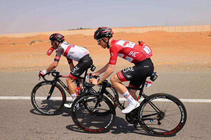 UAE Team Emirates' cyclist Tadej Pogacar, right, and Rafal Majka on Saturday. AFP