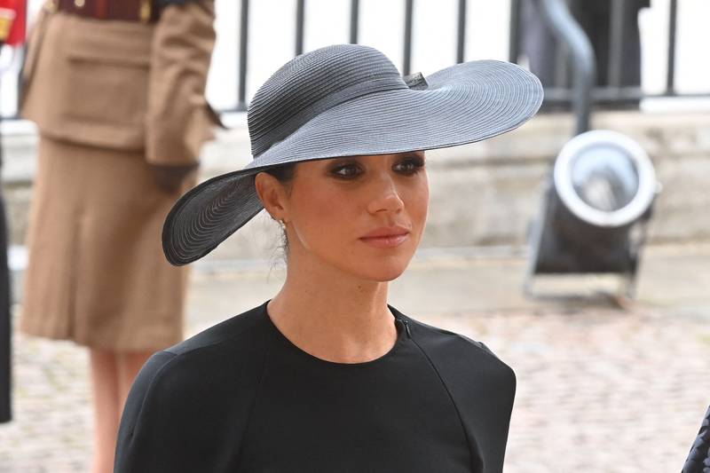 Meghan, Duchess of Sussex, arrives at Westminster Abbey for the funeral of Queen Elizabeth II. AFP