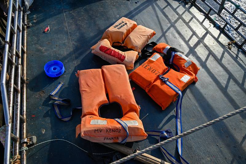 Lifejackets lie in a boat used to ferry Rohingya refugees across the water. AFP