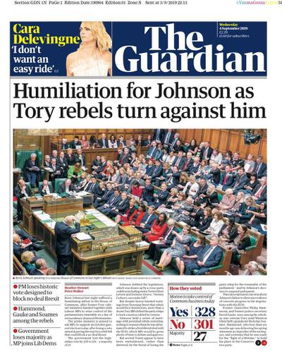 The Guardian: Humiltiation for Johnson as Tory rebels turn against him