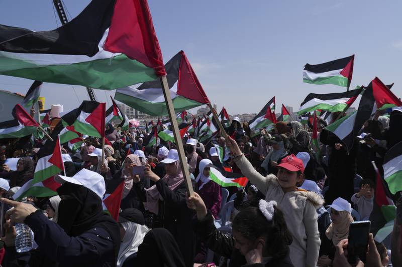 A rally in Gaza City commemorating events in March 1976 when Israel confiscated land from Galilee Arab villages, leading to protests in which six Arabs were killed.  The Land Day rallies are an annual event to protest against discriminatory Israeli land policies. AP