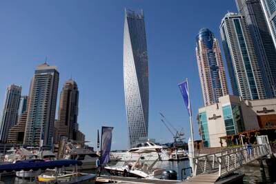 Dubai, United Arab Emirates - December 24 2013 - The skyline of Dubai Marina by the Cayan Tower. For: Business. Tags: Stock, Housing, Construction, rents.   (Razan Alzayani / The National) 
 *** Local Caption ***  RA1224_housing_stock_dubai_27.jpg