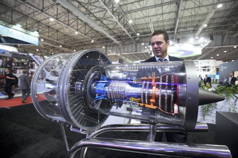Dubai, United Arab Emirates- Plane engine at Pratt and Withney stand at the Dubai Airshow 2019 day 2 at Maktoum Airport.  Leslie Pableo for the National