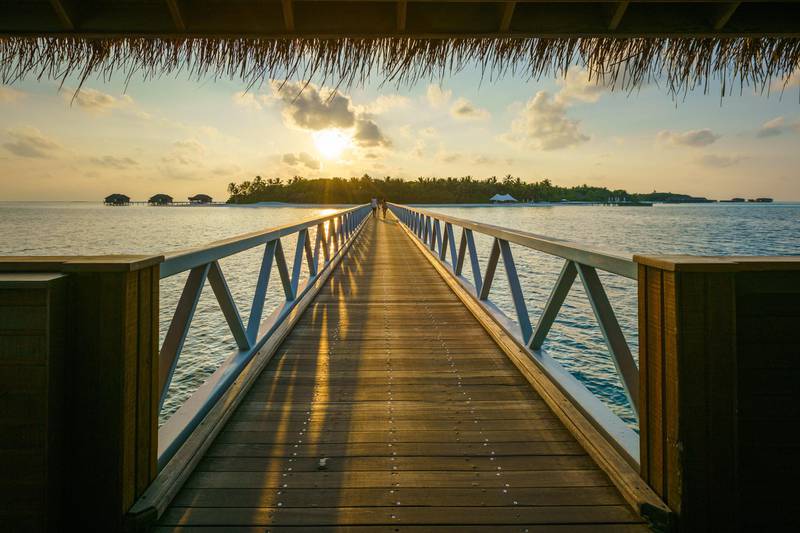 The bridge that connects the two islands at Conrad Maldives.