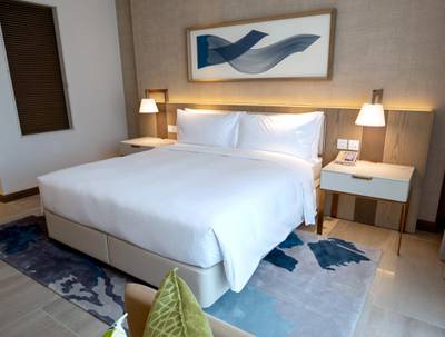 Abu Dhabi, United Arab Emirates, February 18, 2021. First-look pictures of the new Hilton Abu Dhabi Yas Island.  Deluxe suite.  Victor Besa/The National Section:  LFReporter:  Hayley Skirka