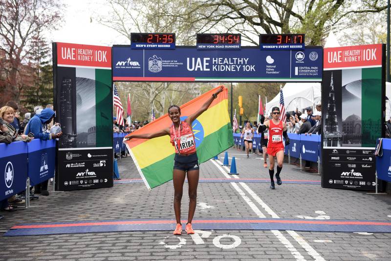 MANHATTAN, NEW YORK, APRIL 29, 2018 People are seen participating in the 2018 UAE Healthy Kidney 10K Run in Central Park in  Manhattan, NY.  Runner Buze Diriba of Ethiopia is seen after the race. 4/29/2018 Photo by ©Jennifer S. Altman All Rights Reserved