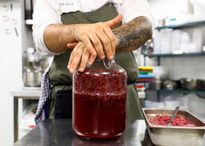 'We ferment and make our kombucha [pictured]. The liquid we use to make granita [semi-frozen dessert], the core we make into a powder, which we use for dessert. Basically everything, the zaatar and the blueberry, are used 100 per cent with the powder and granita," De Garza says.