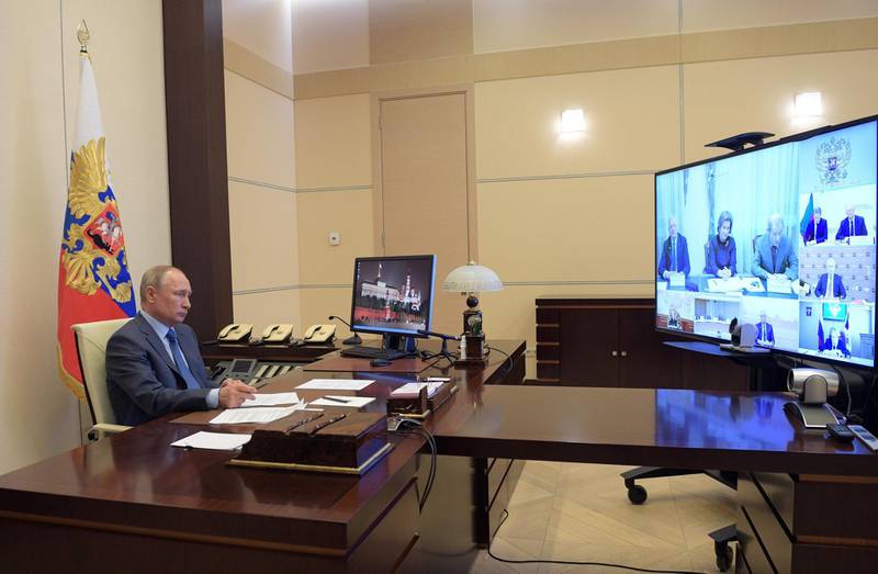 Russian President Vladimir Putin chairs a video conference meeting on the coronavirus situation, at the Novo-Ogaryovo state residence outside Moscow. AFP