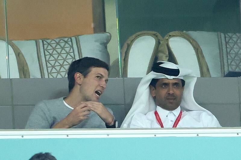 Jared Kushner, husband of  Ivanka Trump, talks to Paris Saint-Germain football club president Nasser Al Khelaifi during the Fifa World Cup Group G match between Brazil and Serbia at Lusail Stadium in Lusail City, Qatar.
