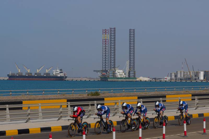 Riders during stage two of the UAE Tour 2023 at Khalifa Port. Photo: Sprint Cycling Agency